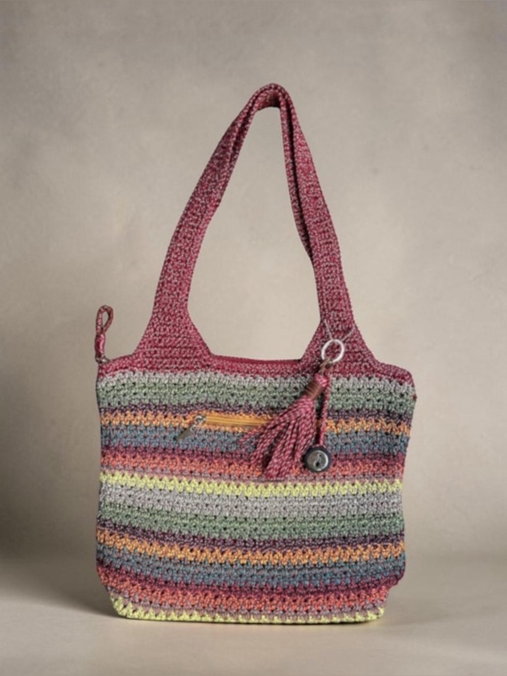 The Sak Belle Large Double Handle Gypsy Striped Crochet Tote Shoulder Bag Boho